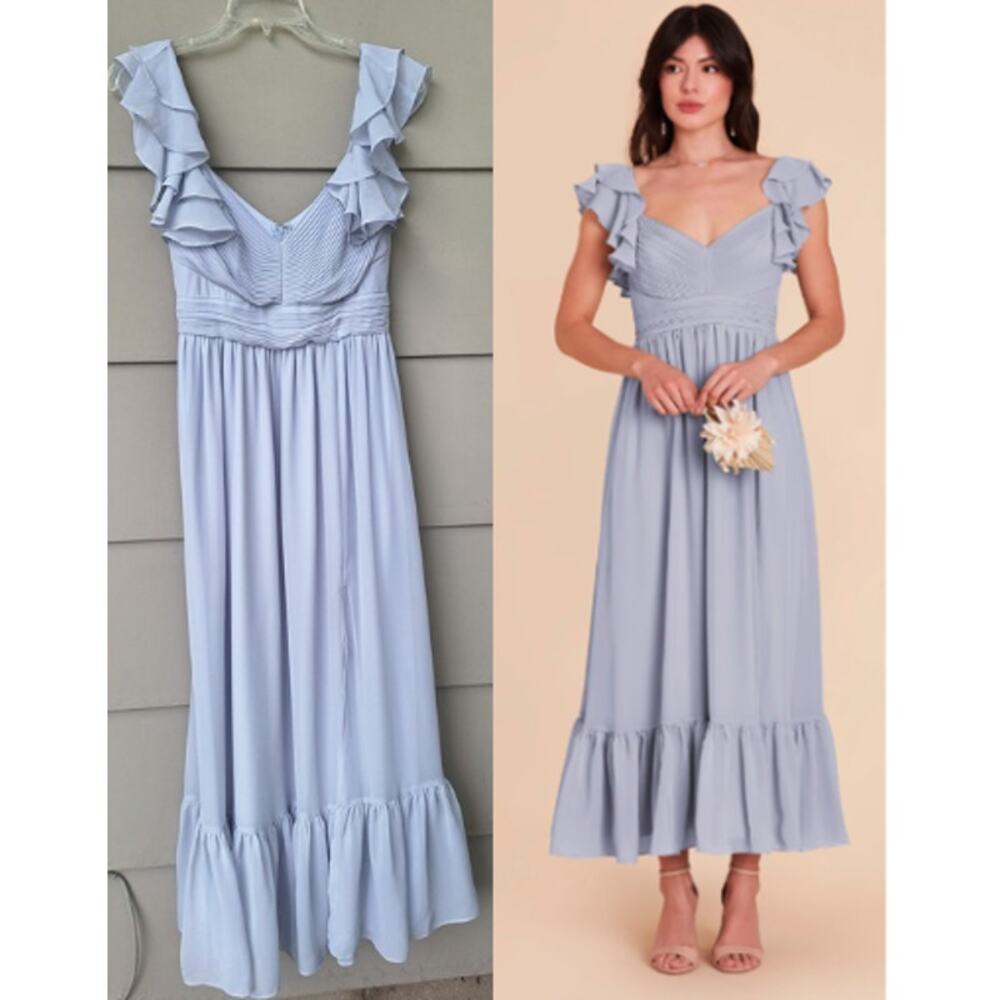 Birdy Grey Michelle Dress Gown Chiffon Dusty Blue Ruffles Pleats XS Sleeveless